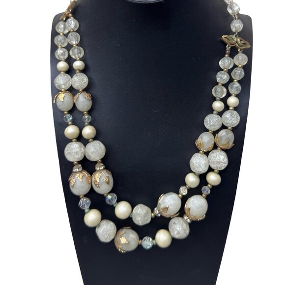 Deauville Jewelry - Vintage Deauville Double Strand Necklace Faceted Clear Crackle Glass Faux Pearls